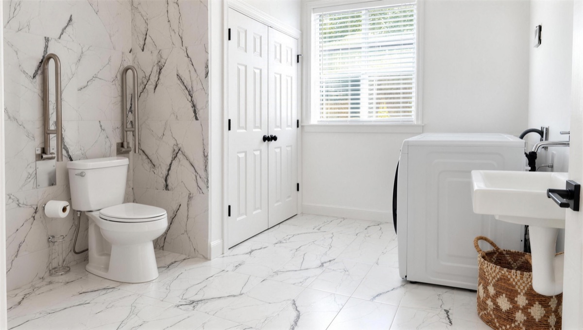 An accessible bathroom with a fold-down grab bar beside the toilet and a wall-mounted sink.