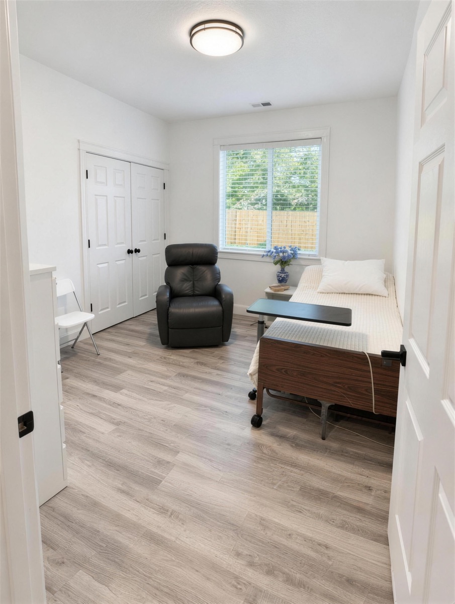 A resident room with an adjustable bed, an over-bed table, a leather recliner and a window onto the yard.