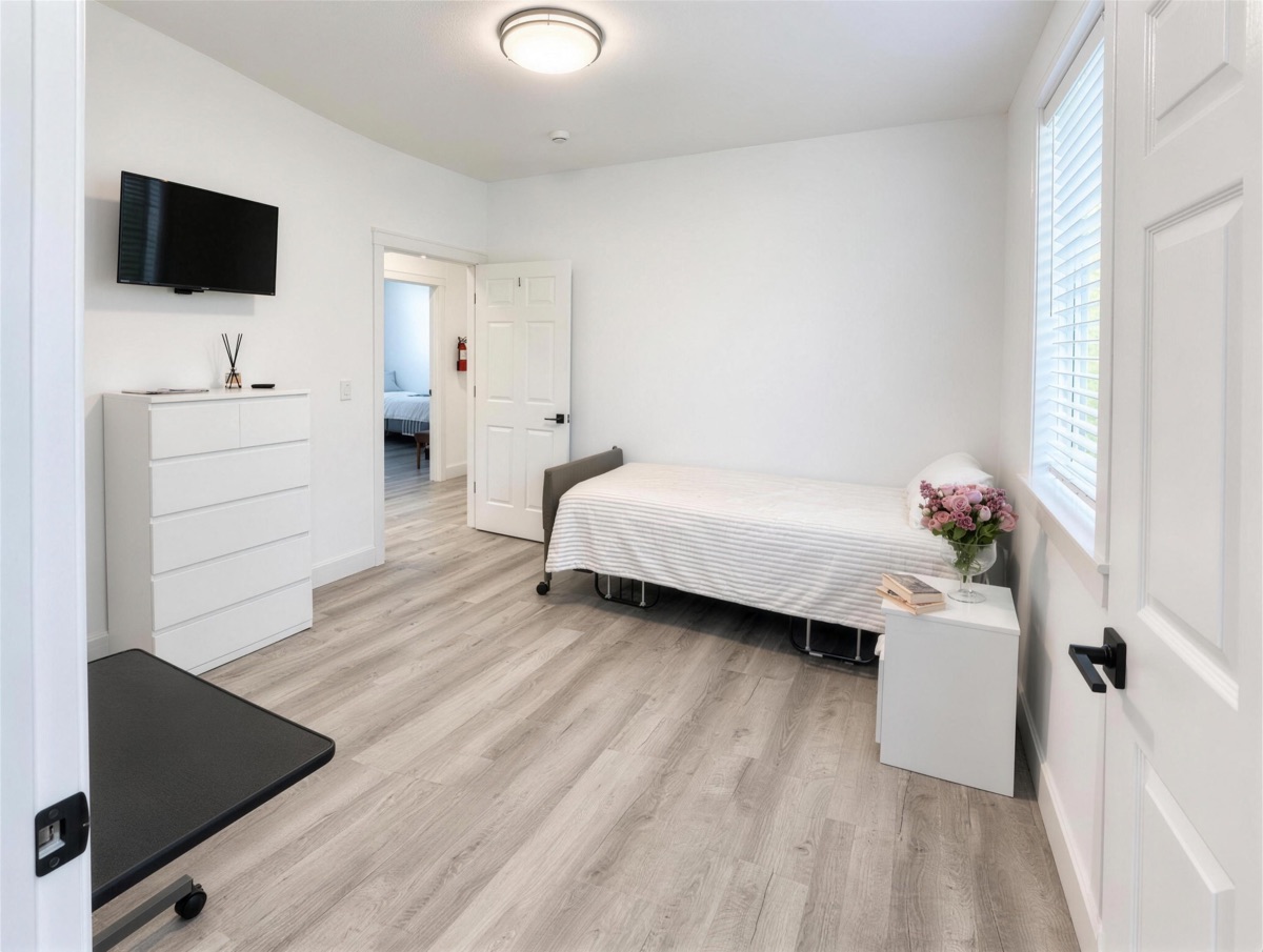 A bright resident room with an adjustable bed beside a large window, a white dresser and a wall-mounted TV.