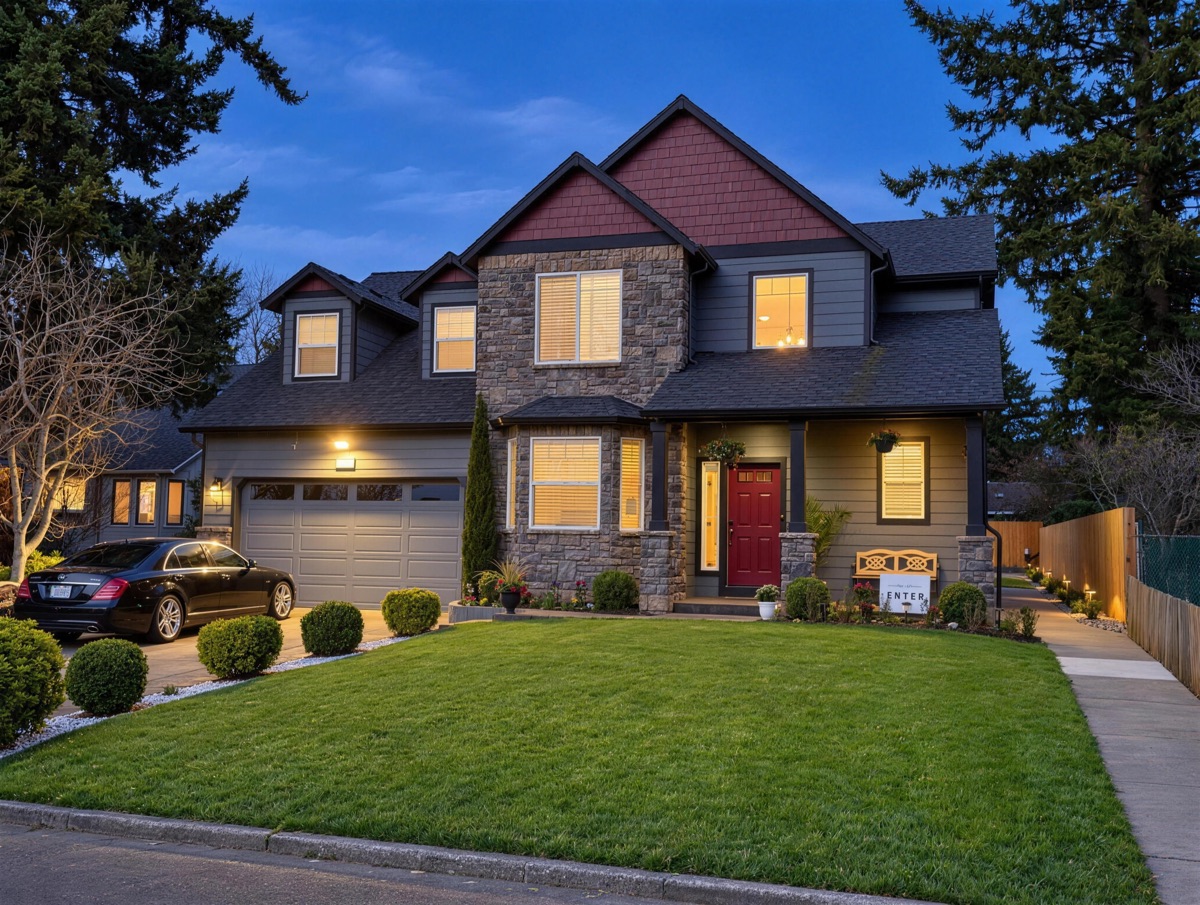 Rose Manor at dusk, with warm light in the windows, the red front door and the porch lights on.