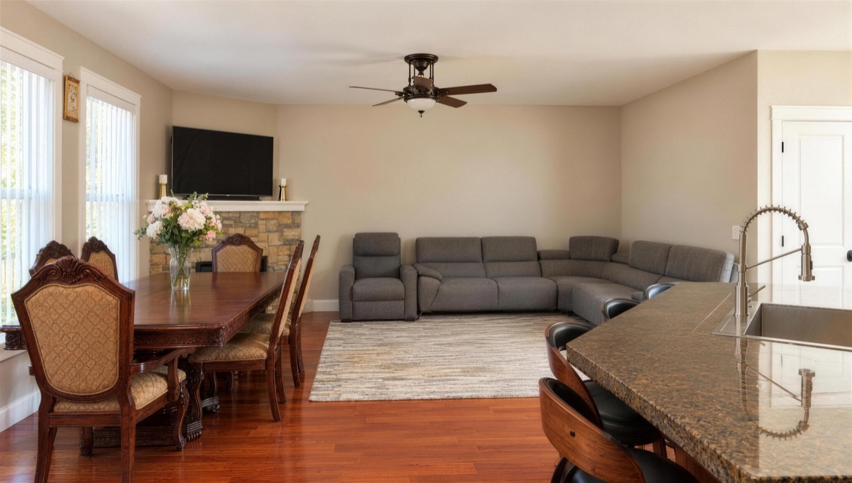 The family room: a gray sectional sofa and recliner facing the TV over the stone fireplace, next to the wooden dining table.