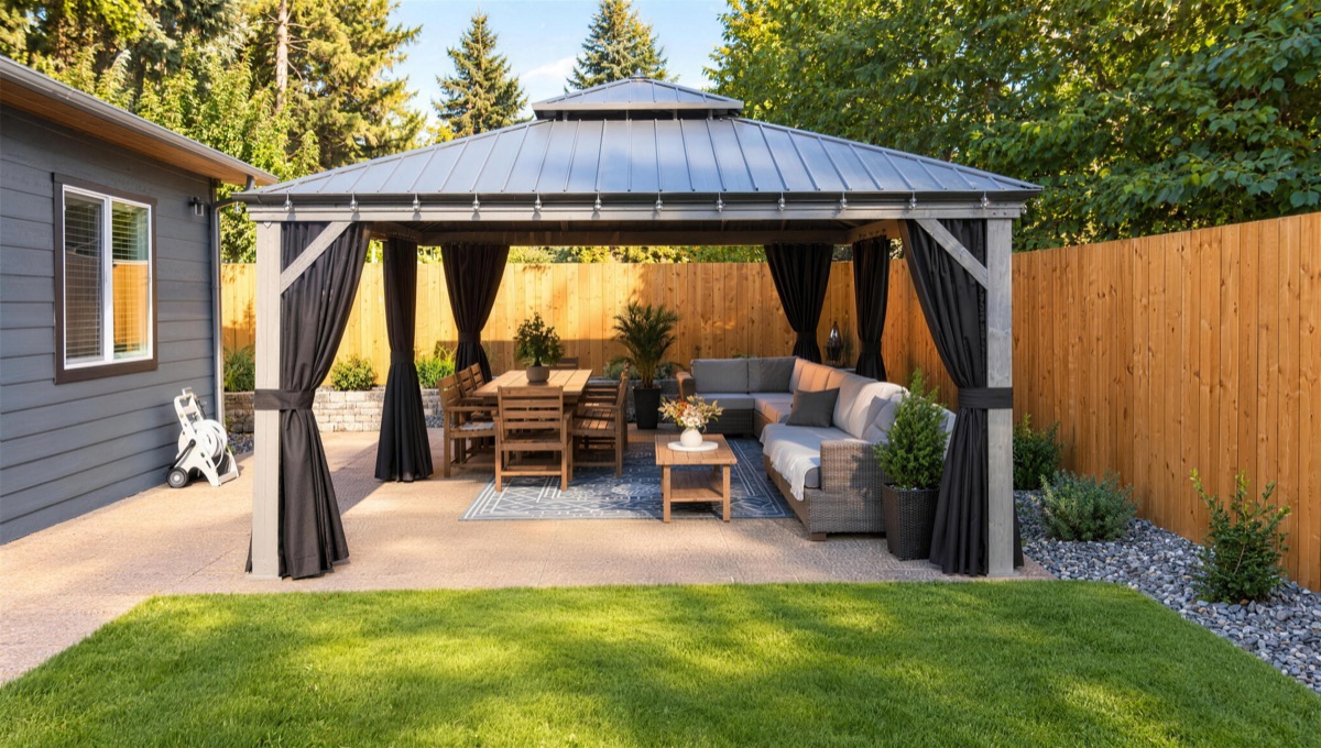 A covered backyard gazebo with curtains, an outdoor sofa and a dining set beside a fenced lawn.