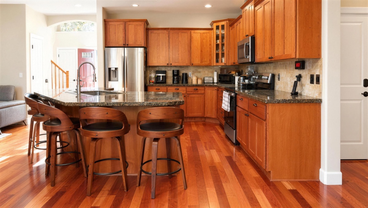 The kitchen with cherry cabinets, a granite island and bar stools.