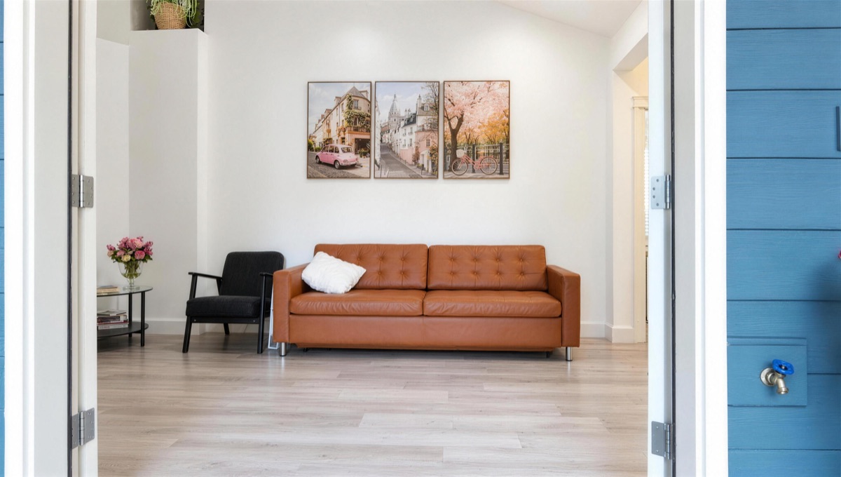 A bright sitting room with a leather sofa, an armchair and framed art.