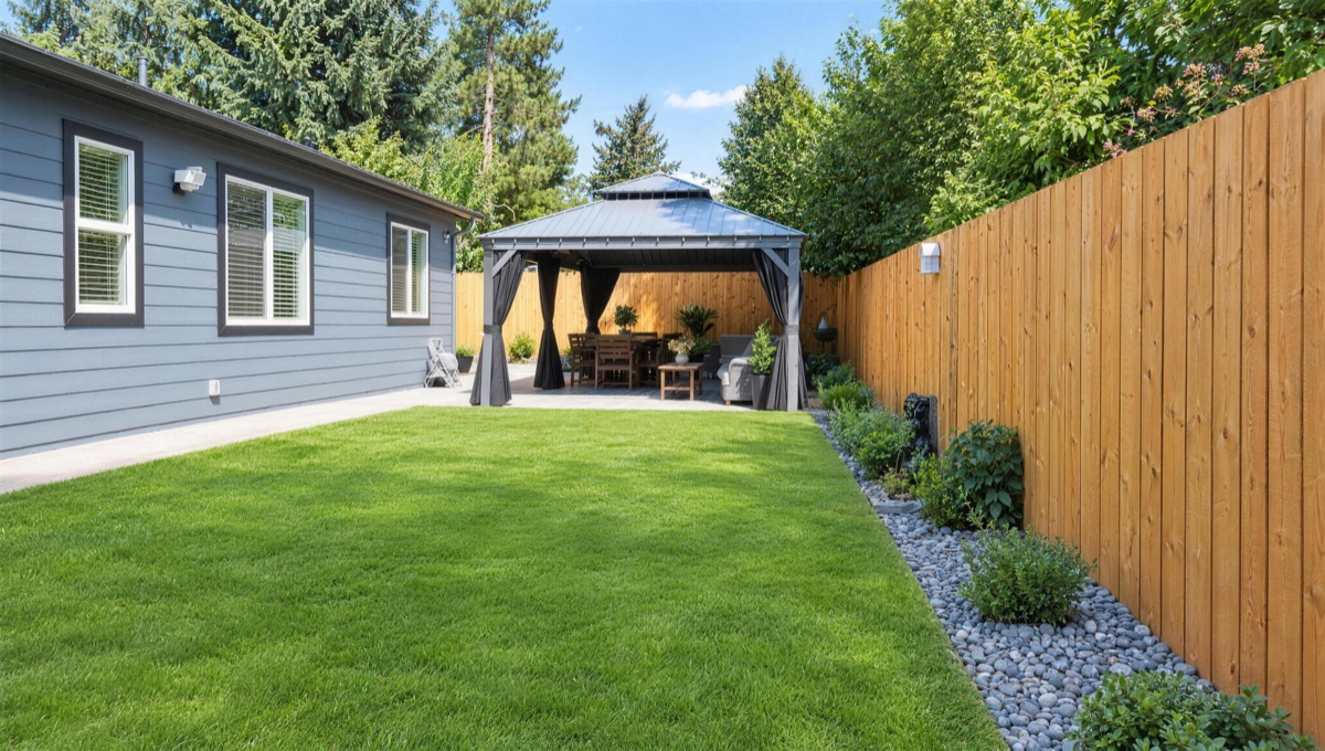 The fenced backyard: a long green lawn beside the house, with the covered gazebo at the far end.
